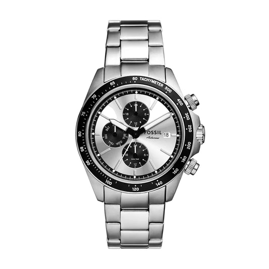 Silver Fossil watch with black dial on a white background