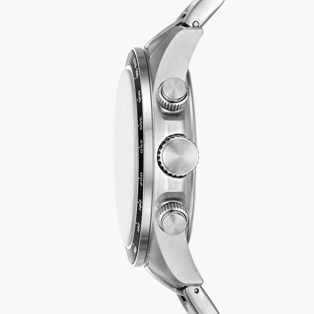 Close-up of a silver watch with detailed design on a white background