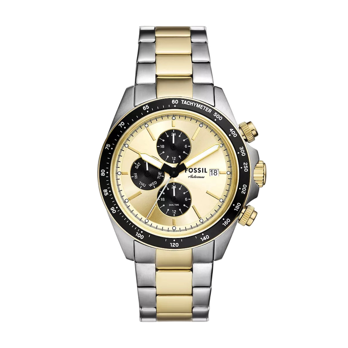 Two-tone Fossil watch with gold and silver band on a white background