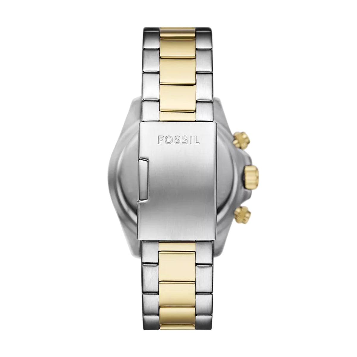 Fossil watch with two-tone metal band on a white background