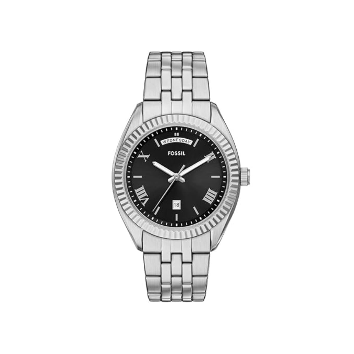 Silver Fossil watch with black dial on a white background