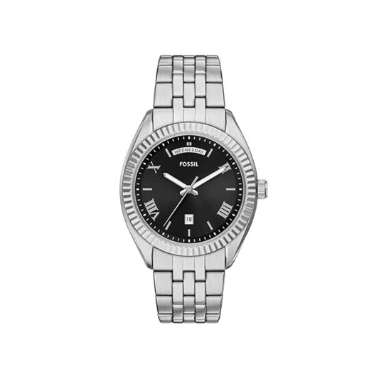 Silver Fossil watch with black dial on a white background