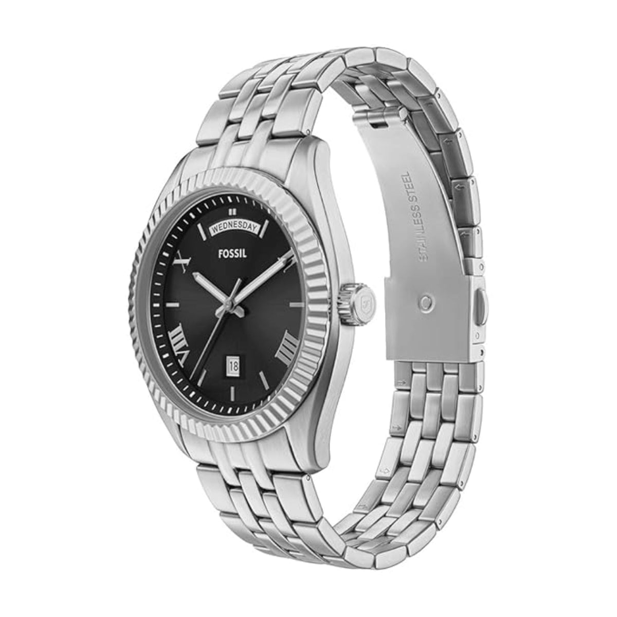 Silver wristwatch with black dial on a white background