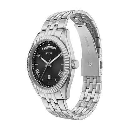 Silver wristwatch with black dial on a white background