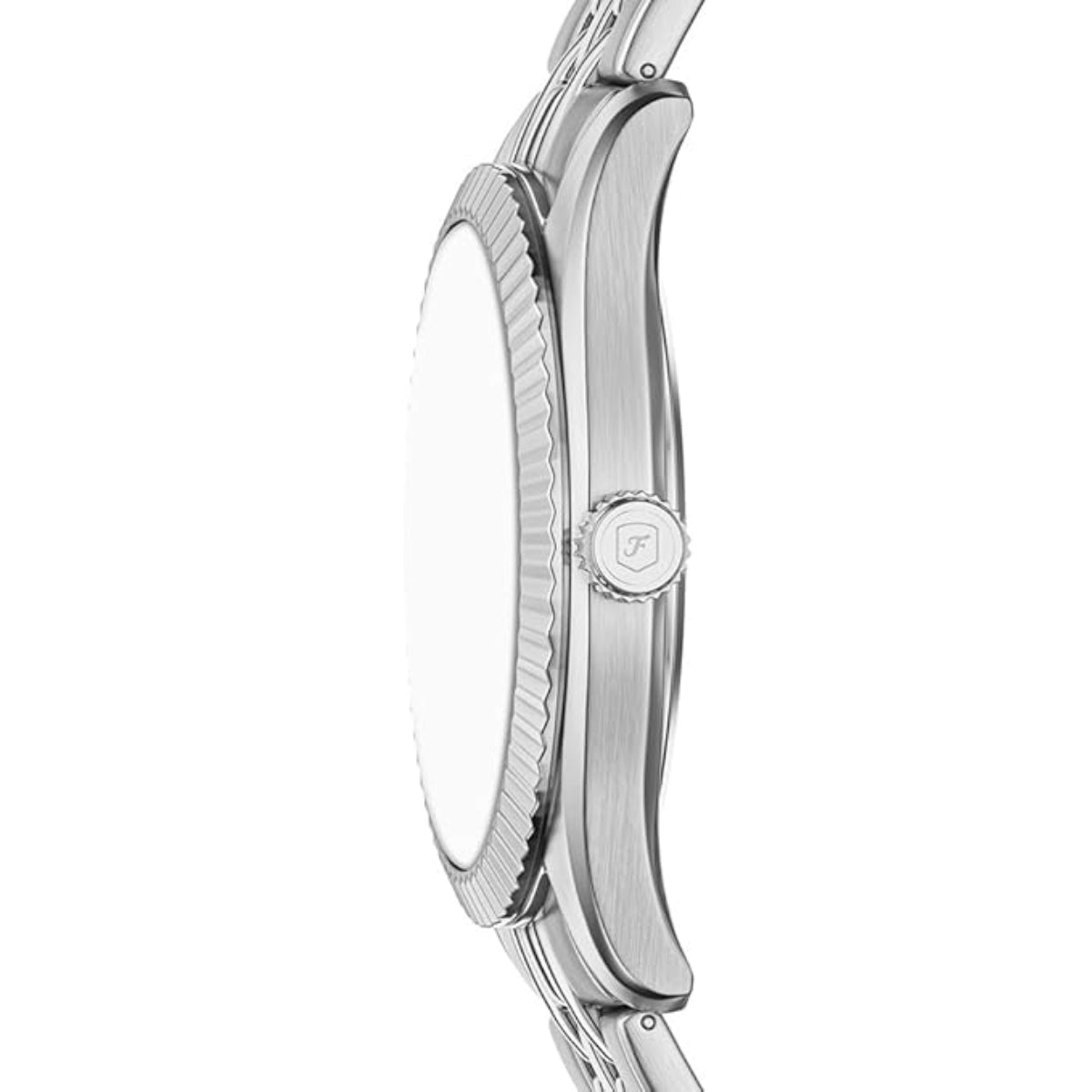 Close-up of a silver watch with a detailed case on a white background