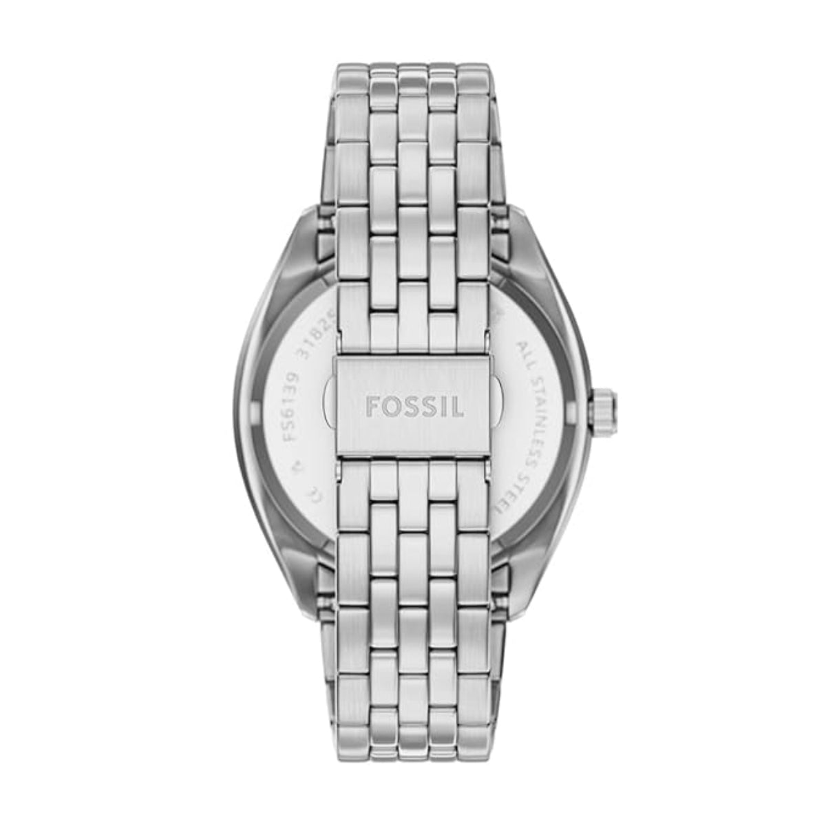 Silver Fossil watch on a white background