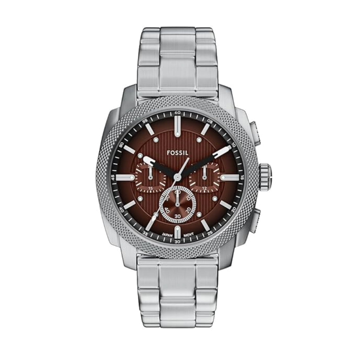 Silver Fossil watch with brown face on a white background