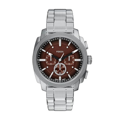 Silver Fossil watch with brown face on a white background