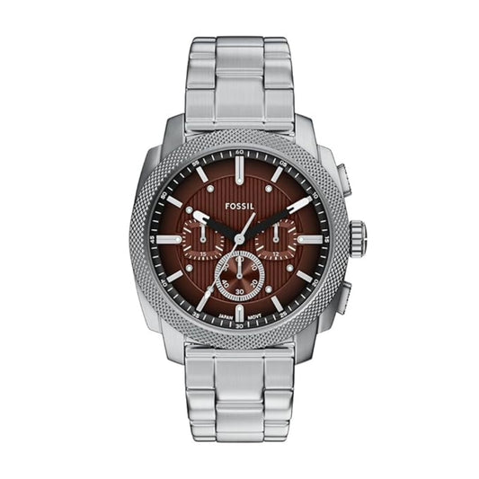 Silver Fossil watch with brown face on a white background