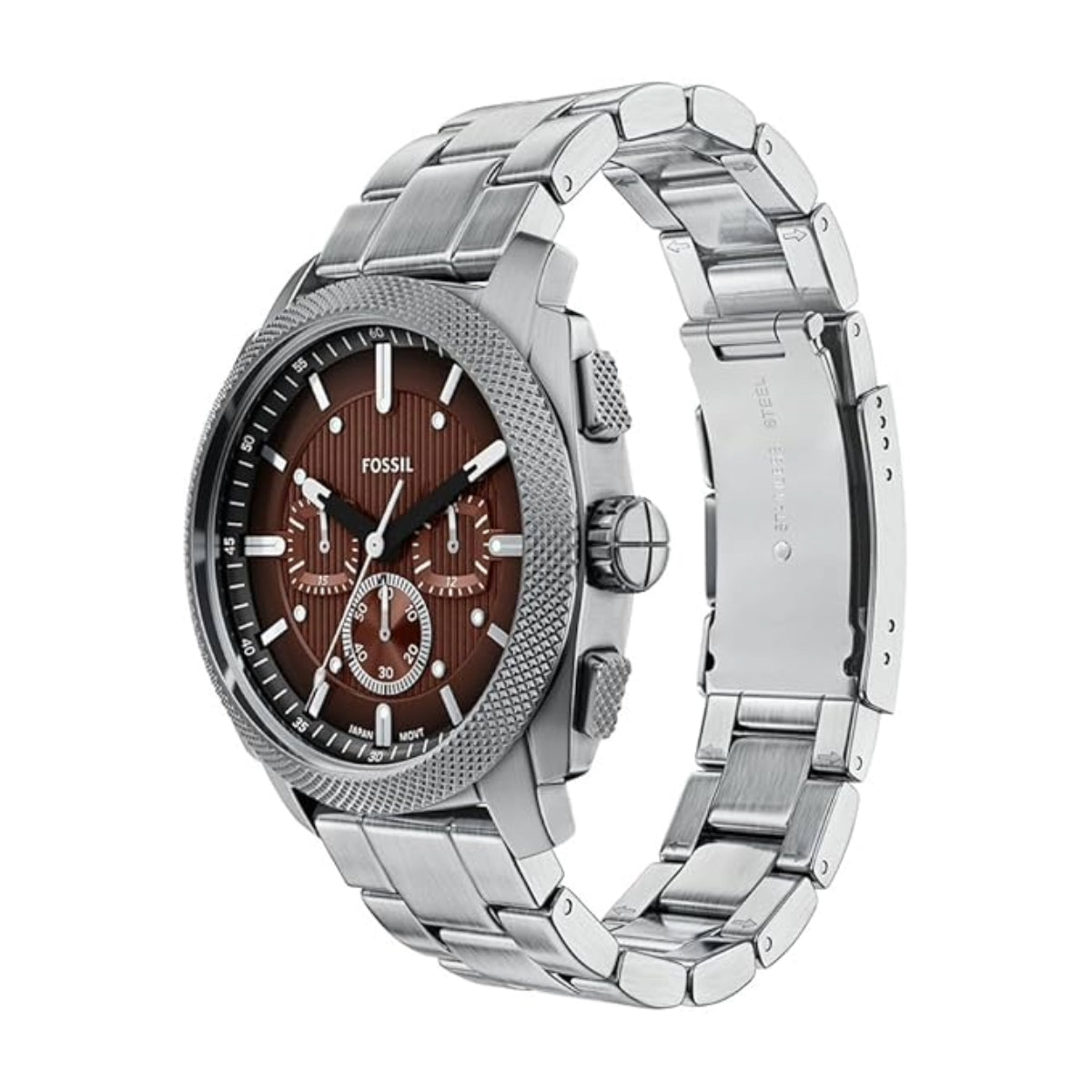 Silver Fossil watch with brown face on a white background