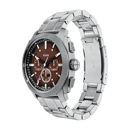 Silver Fossil watch with brown face on a white background