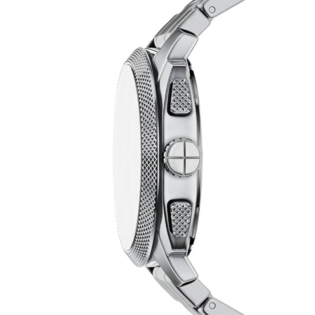 Close-up of a silver watch with detailed design on a white background