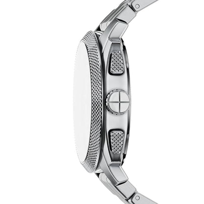 Close-up of a silver watch with detailed design on a white background