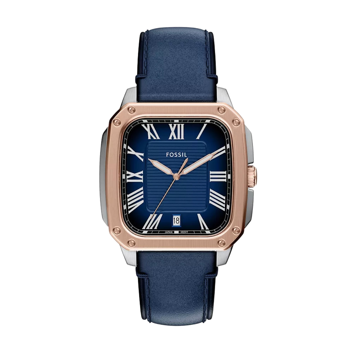 Fossil watch with blue strap and rose gold case on white background