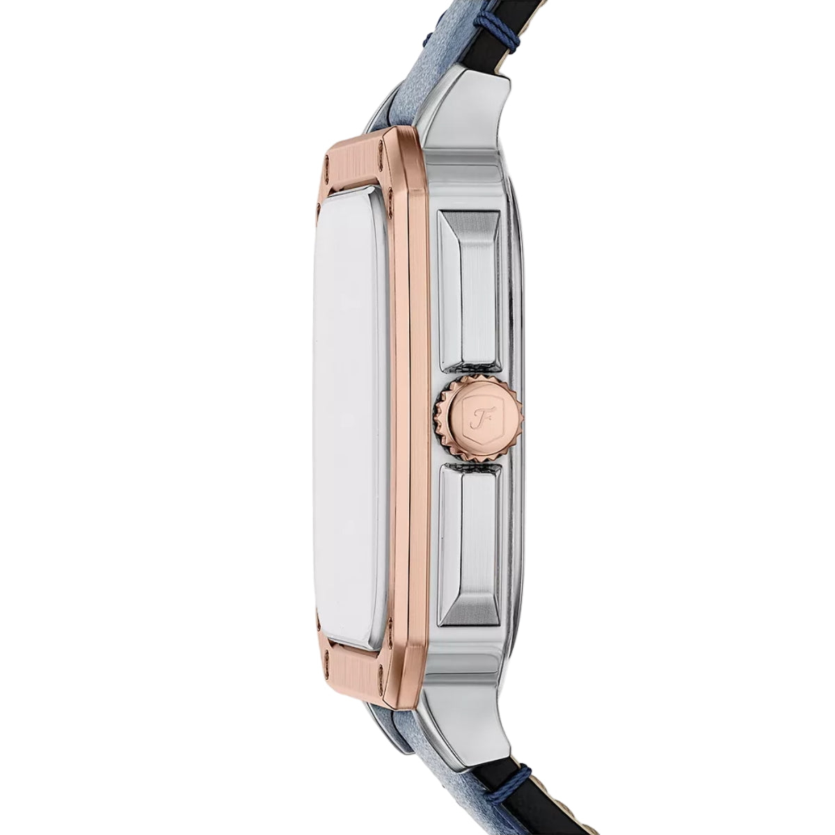 Close-up of a watch with a rose gold and silver case on a white background