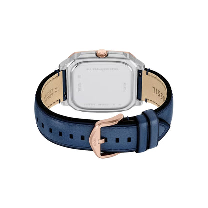 Watch with blue strap and rose gold accents on a white background