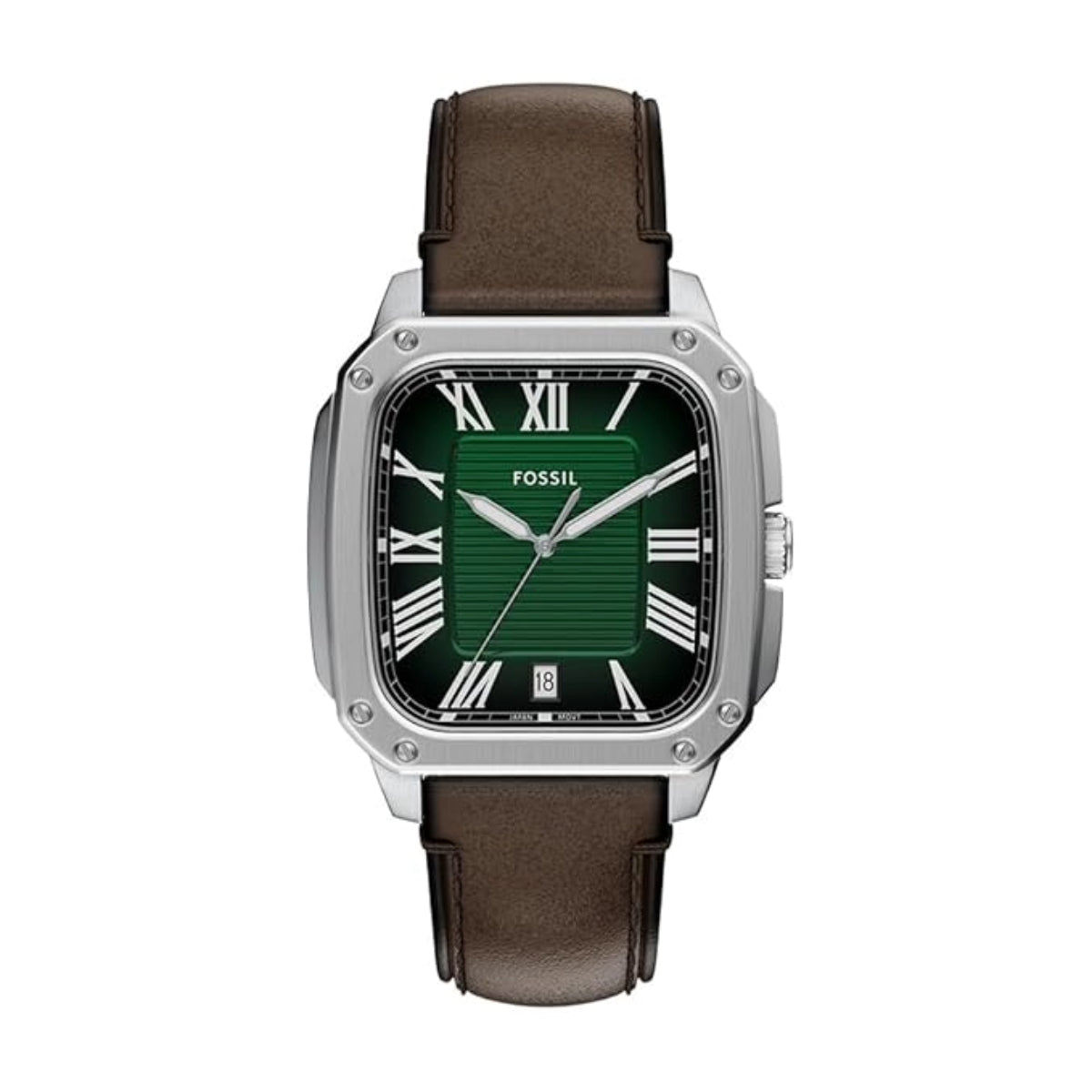 Fossil watch with green face and brown leather strap on white background