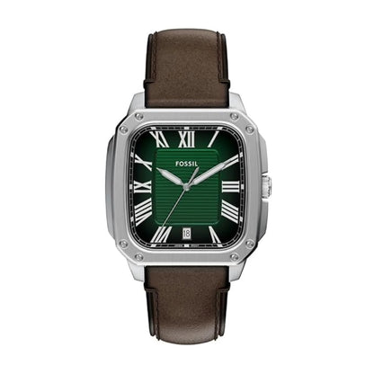 Fossil watch with green face and brown leather strap on white background