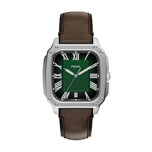 Fossil watch with green face and brown leather strap on white background