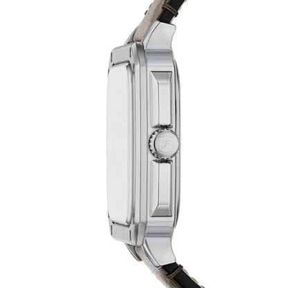 Close-up of a silver watch with a white background