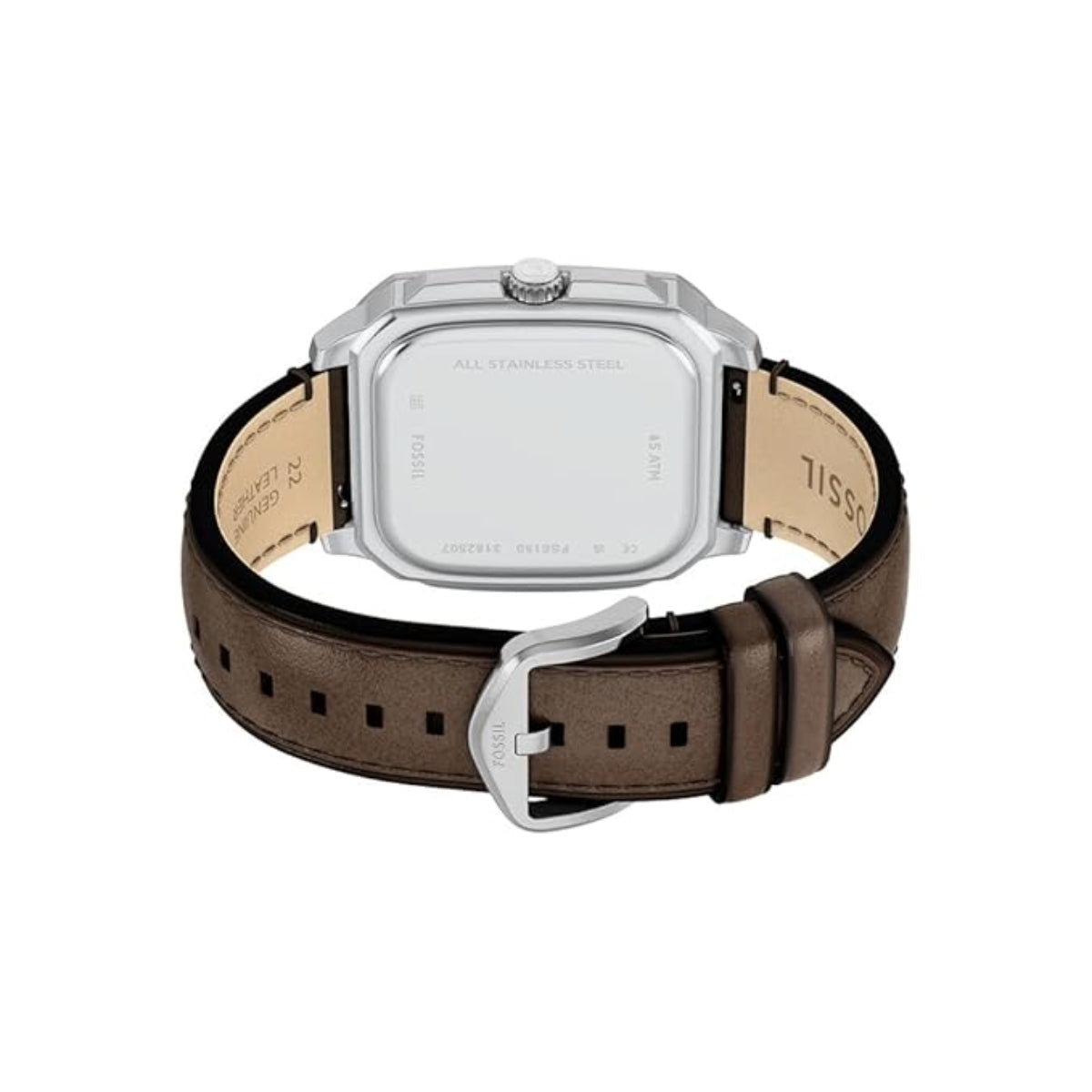 Watch with brown leather strap and silver case on a white background