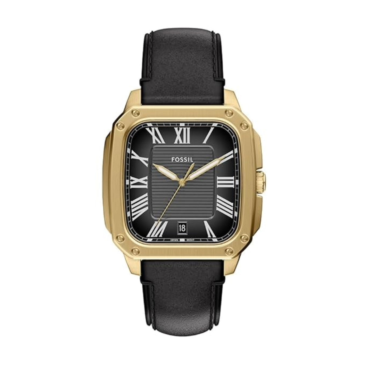 Fossil watch with black strap and gold case on a white background
