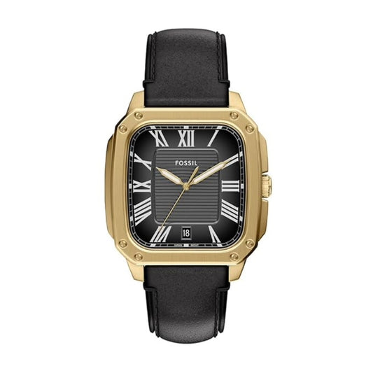 Fossil watch with black strap and gold case on a white background