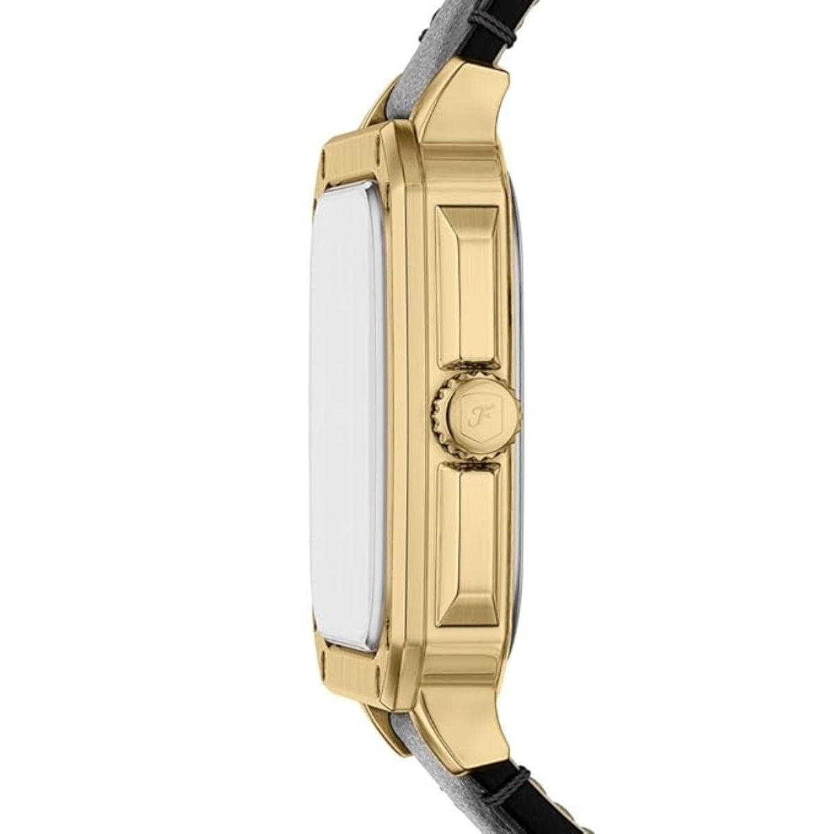 Gold watch case with a white face on a white background
