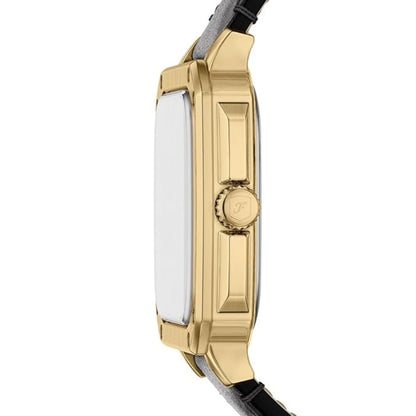Gold watch case with a white face on a white background
