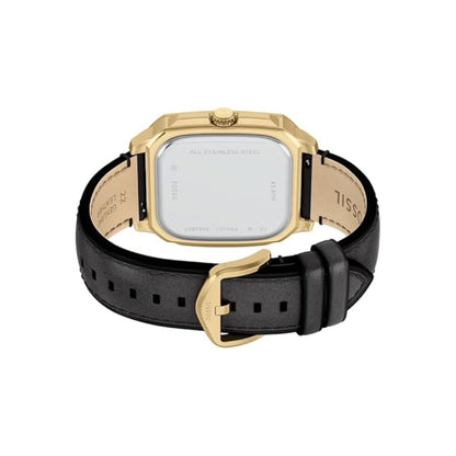 Gold and black watch with a white face on a white background