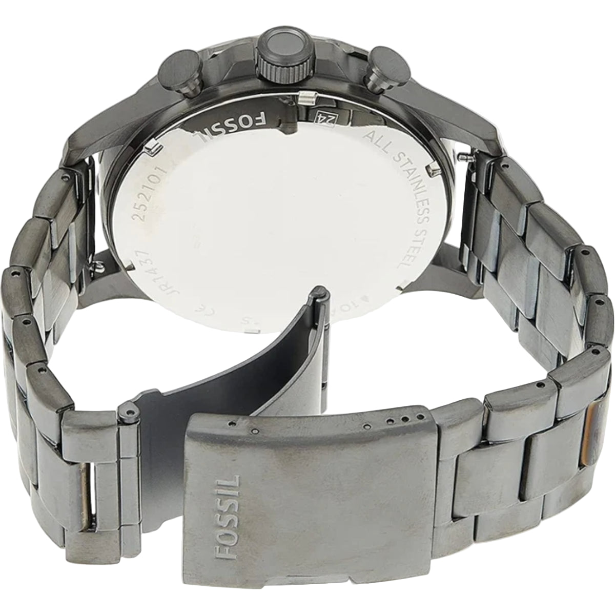 Close-up of a Fossil watch with a metallic band on a white background