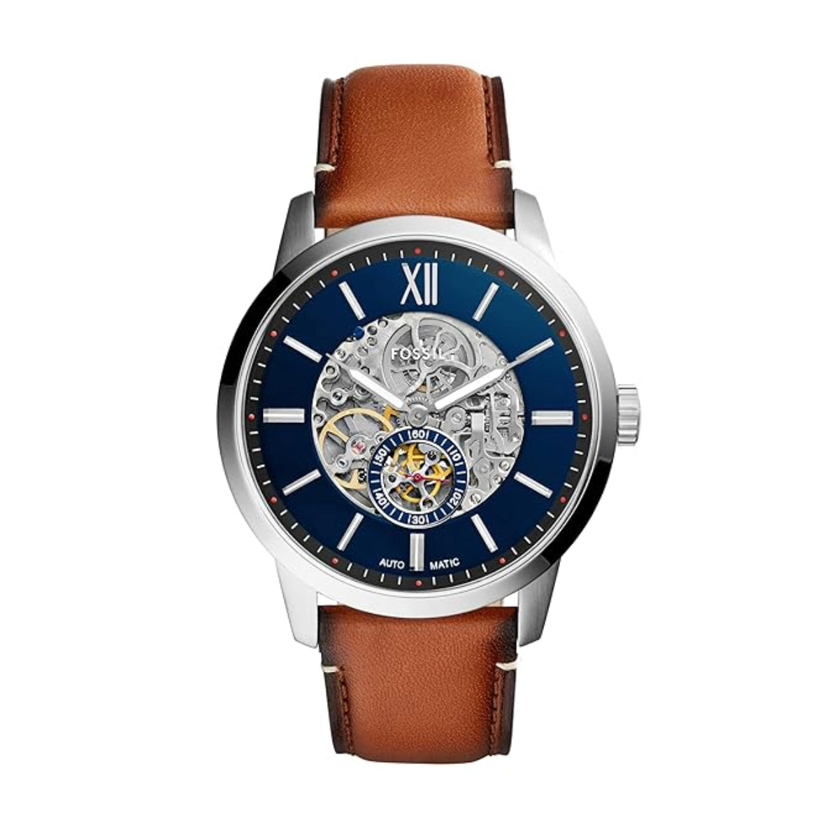 Watch with brown leather strap and blue dial on a white background