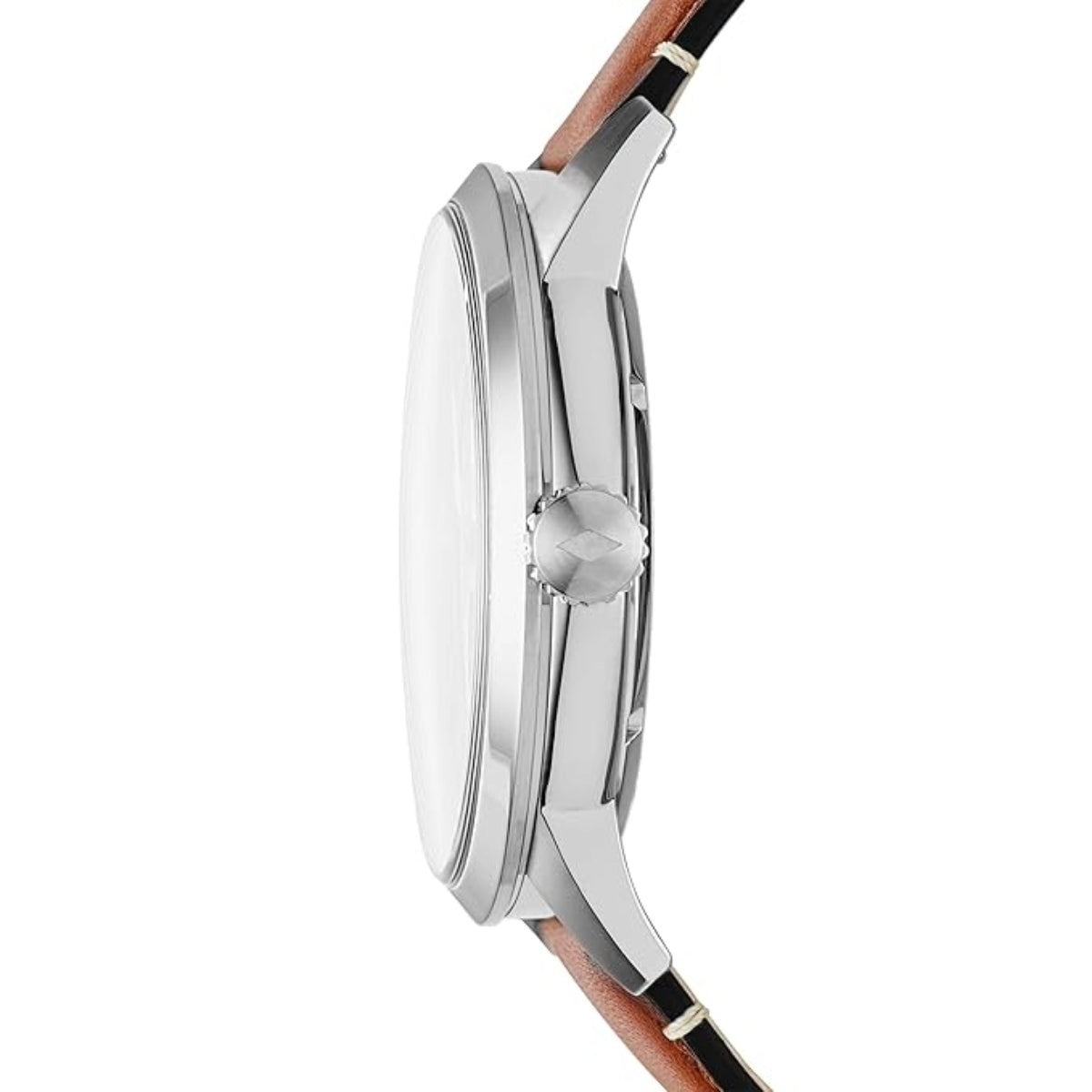 Close-up of a silver watch with a brown strap on a white background