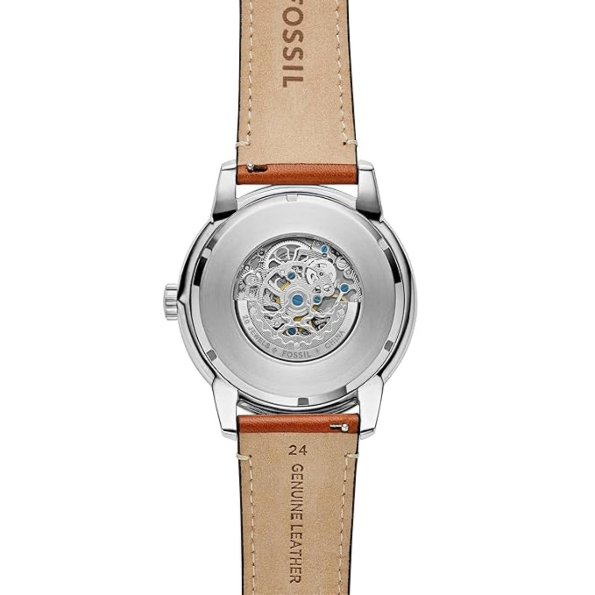 Fossil watch with brown leather strap on a white background