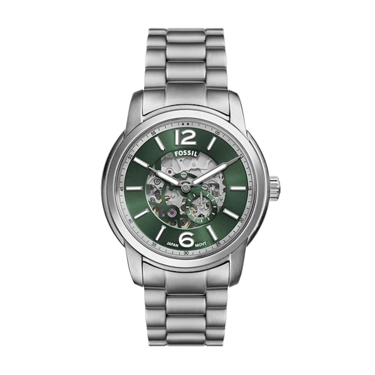Fossil watch with green face and silver metal strap on white background