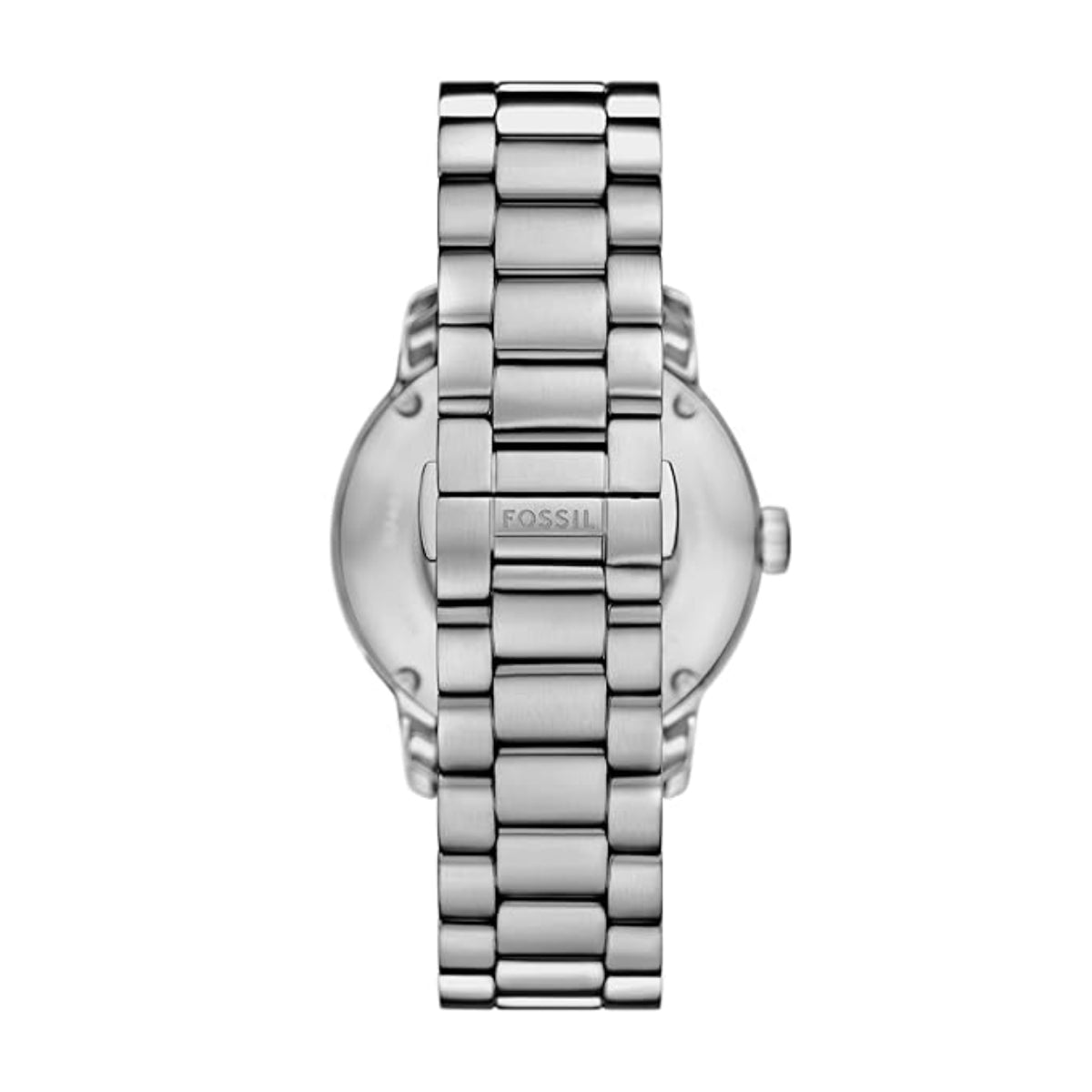 Silver Fossil watch with a detailed band on a white background