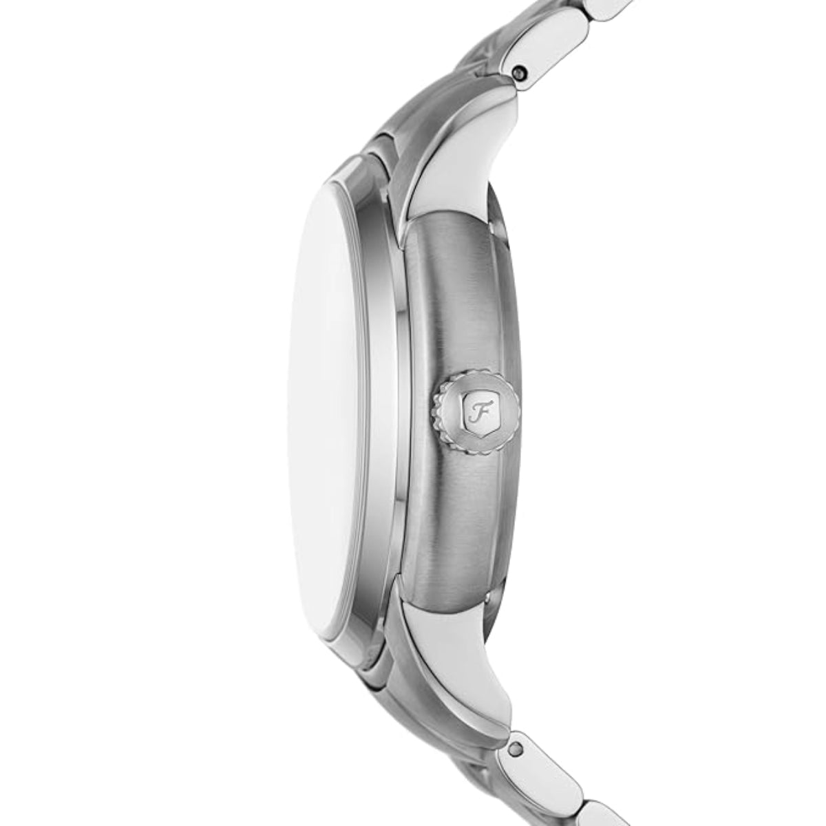 Close-up of a silver watch with brand logo on a white background