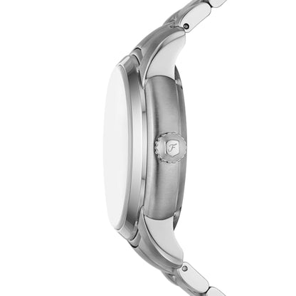 Close-up of a silver watch with brand logo on a white background
