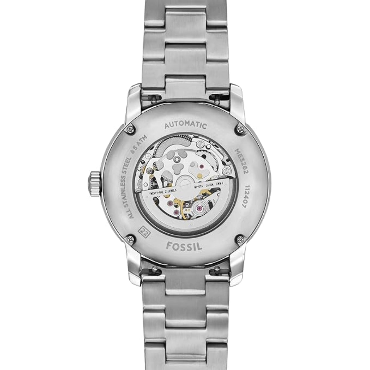 Silver Fossil watch with visible mechanical components on a white background