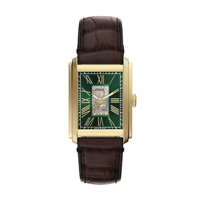 Luxury watch with brown leather strap and green face on white background