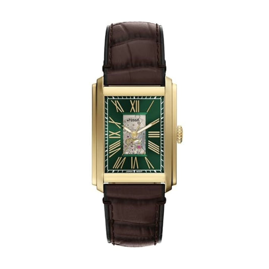 Luxury watch with brown leather strap and green face on white background