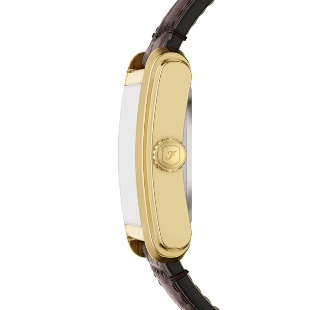 Gold watch case with brand logo on a white background