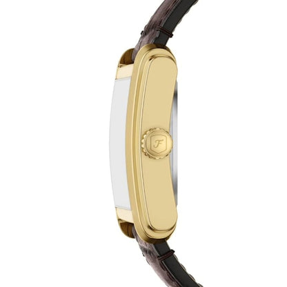 Gold watch case with brand logo on a white background