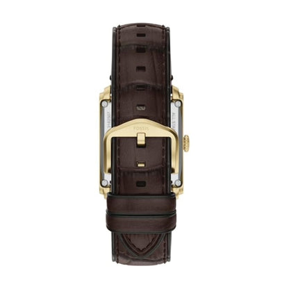 Back view of a watch with brown leather strap and gold casing on a white background
