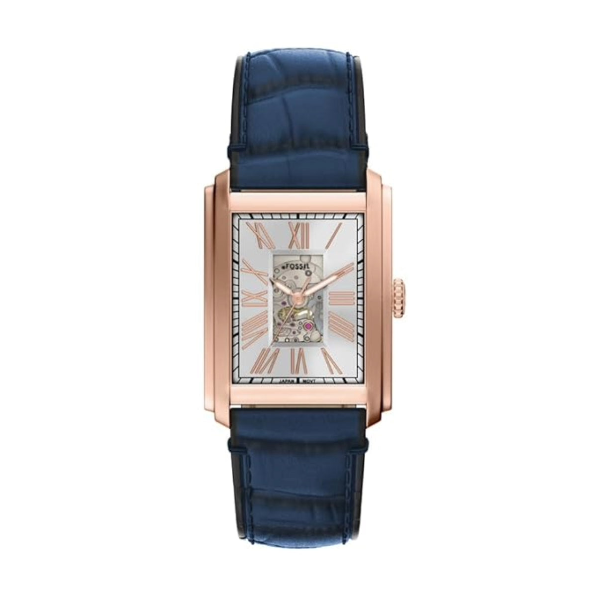 Luxury watch with blue strap and rose gold case on white background