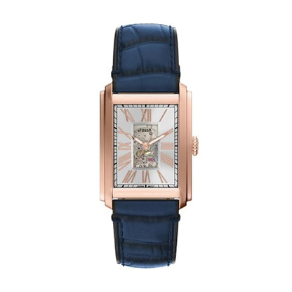 Luxury watch with blue strap and rose gold case on white background