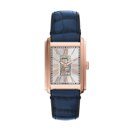 Luxury watch with blue strap and rose gold case on white background