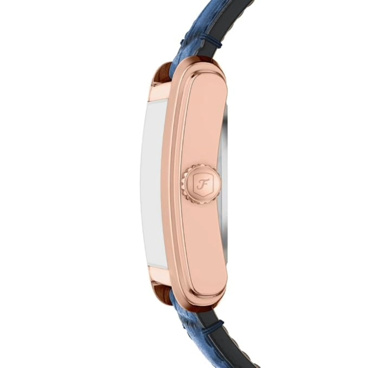 Close-up of a watch with rose gold case and blue strap on a white background