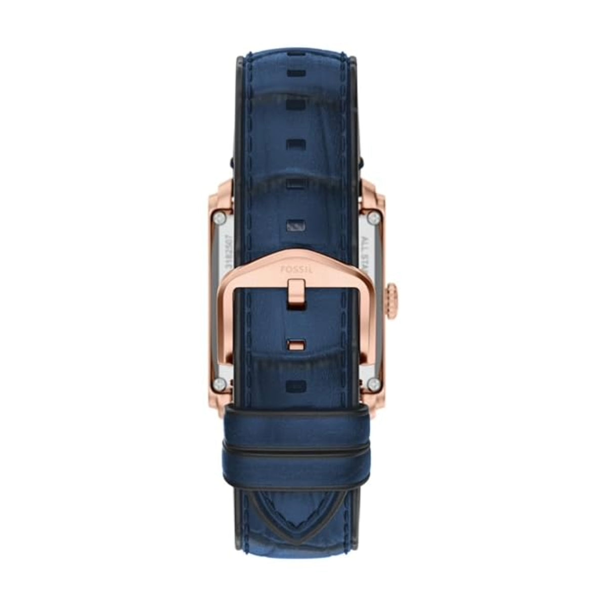 Back view of a blue watch with rose gold accents on a white background