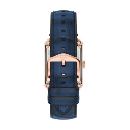 Back view of a blue watch with rose gold accents on a white background